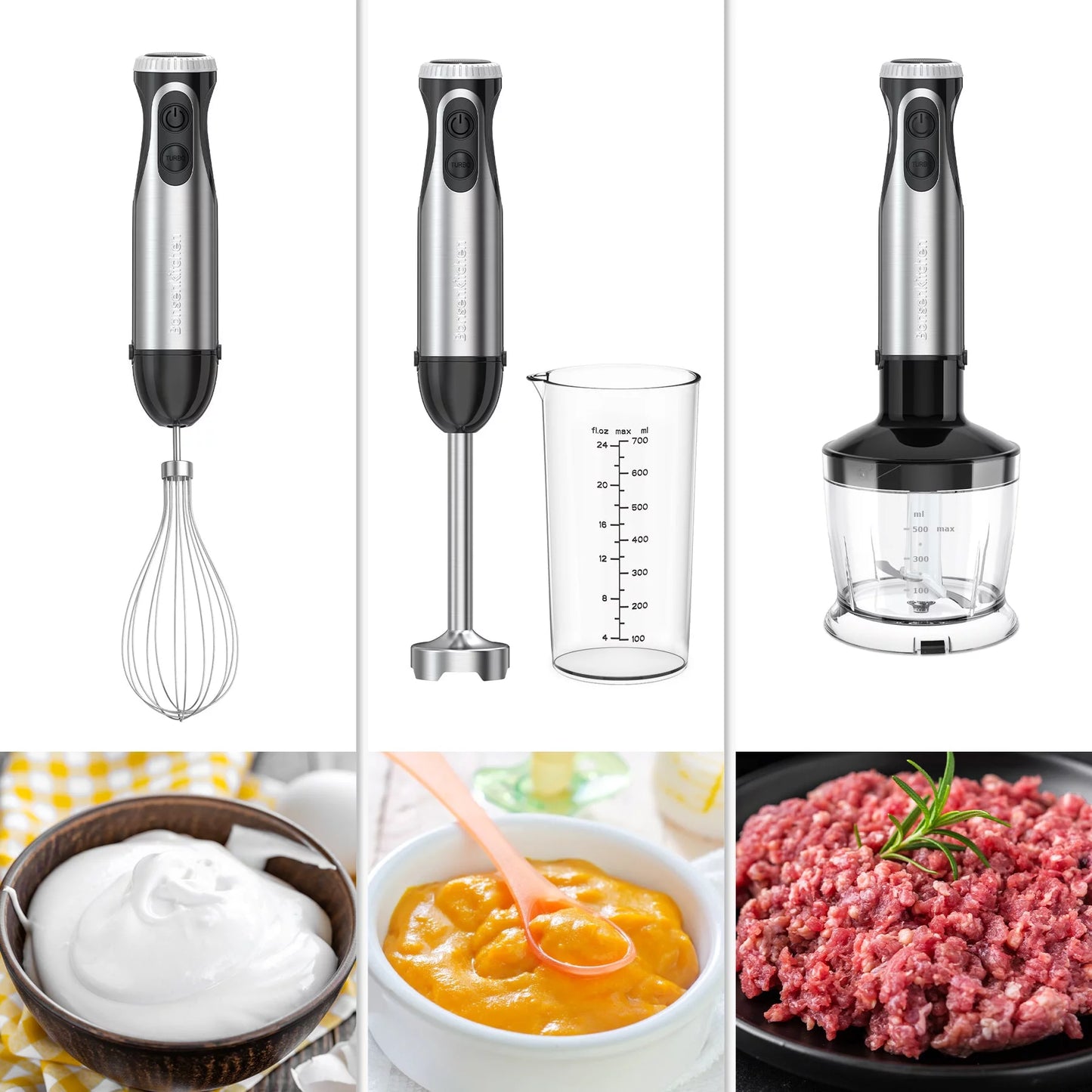 Immersion Hand Blender, Stainless Steel, 20-Speed, Handheld Mixer for Soup, Smoothies, Purees, Emulsifies