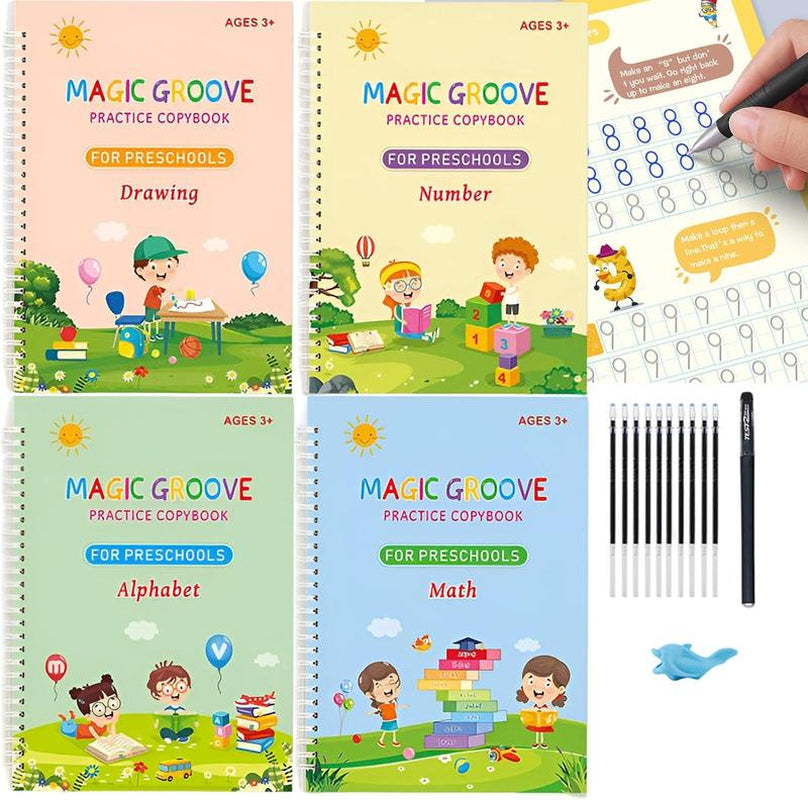 Reusable Grooved Handwriting Workbook for Kids, Learning Materials, 4 Books–Early Elementary, Covers Math, Words, Drawing –Gift for Children