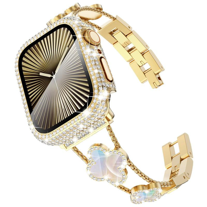 BUREI ZY White Shell Clover Slim Metal Bracelet for Apple Watch - Business & Dressy Strap Compatible Ultra 2/Ultra/Series 9-1/SE/SE2 (38-49Mm) Women & Men (Watch Not Included)