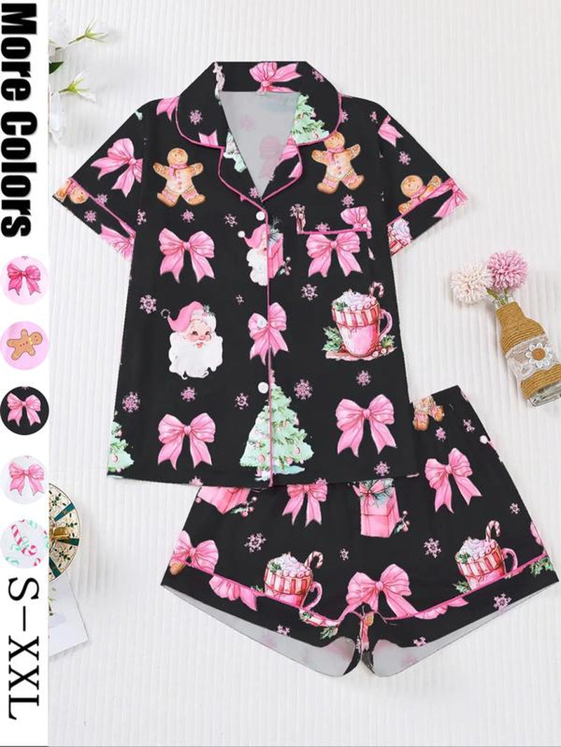 【Christmas】Women'S Christmas Pajama Set, Santa Cookie Print, Short Sleeve Button-Up Top & Elastic Shorts, Casual All-Season Sleepwear,Christmas Pyjamas