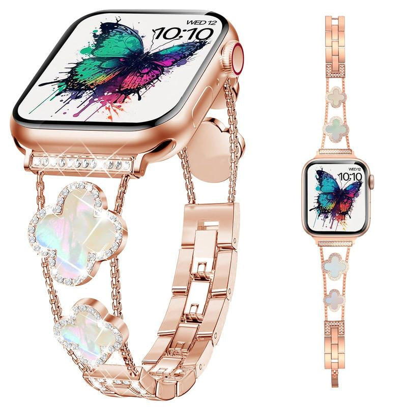 BUREI ZY White Shell Clover Slim Metal Bracelet for Apple Watch - Business & Dressy Strap Compatible Ultra 2/Ultra/Series 9-1/SE/SE2 (38-49Mm) Women & Men (Watch Not Included)