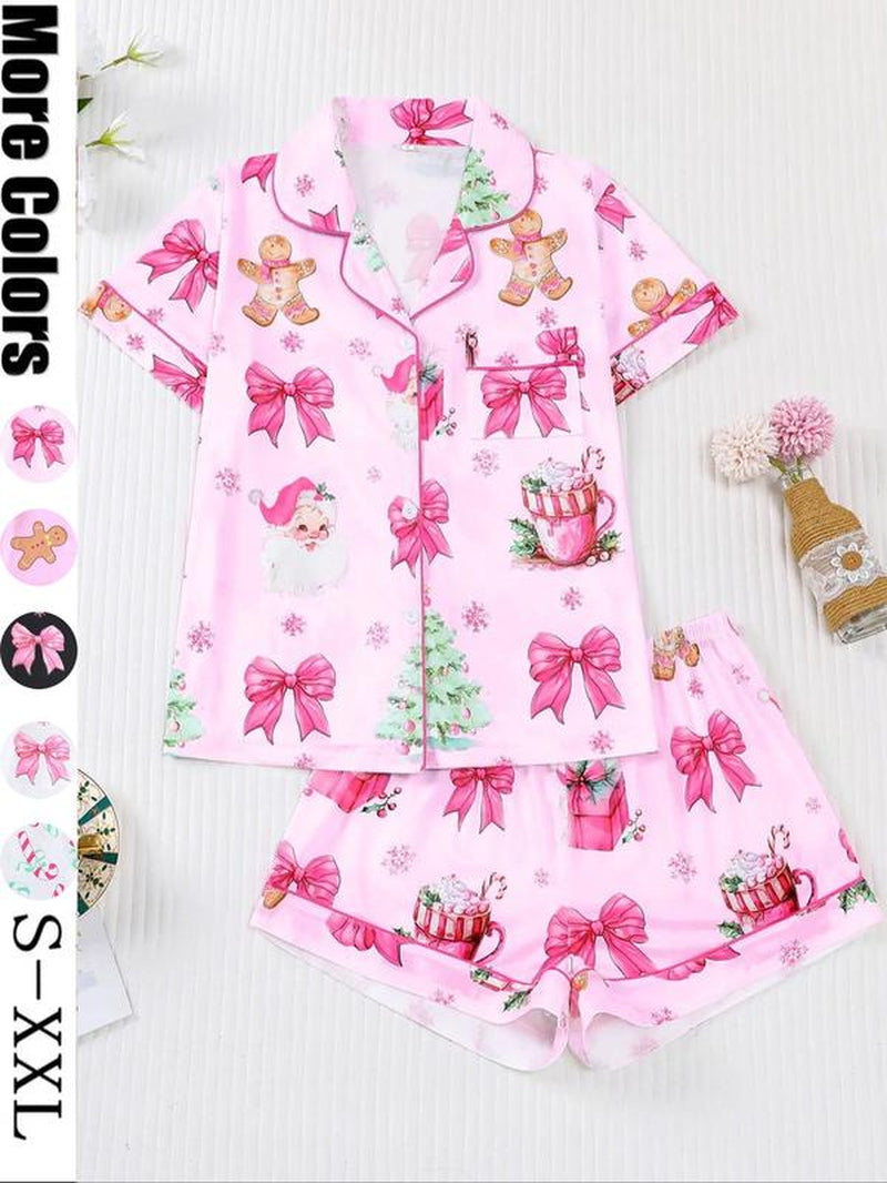 【Christmas】Women'S Christmas Pajama Set, Santa Cookie Print, Short Sleeve Button-Up Top & Elastic Shorts, Casual All-Season Sleepwear,Christmas Pyjamas