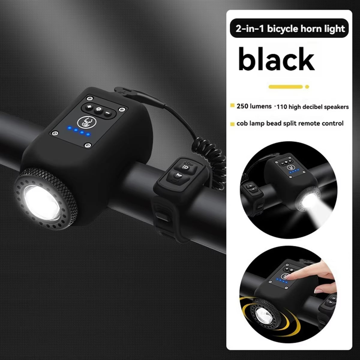 ABMO 2-in-1 Bike Light and Horn Set for Night Cycling - 4 Light Modes, IPX5 Waterproof, Black