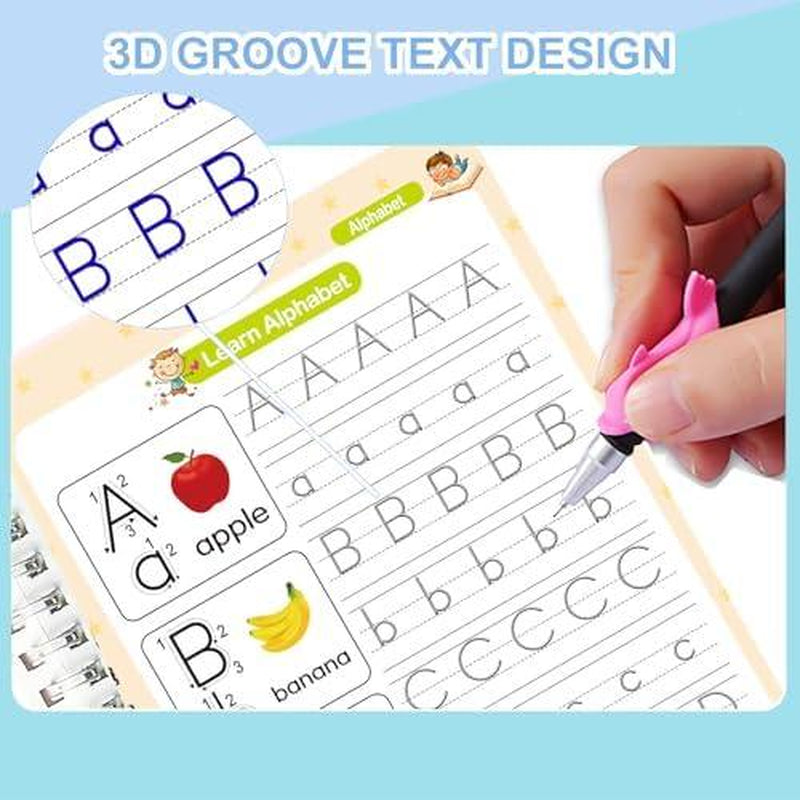 Reusable Grooved Handwriting Workbook for Kids, Learning Materials, 4 Books–Early Elementary, Covers Math, Words, Drawing –Gift for Children