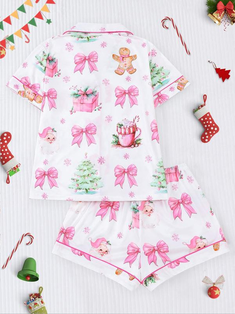 【Christmas】Women'S Christmas Pajama Set, Santa Cookie Print, Short Sleeve Button-Up Top & Elastic Shorts, Casual All-Season Sleepwear,Christmas Pyjamas