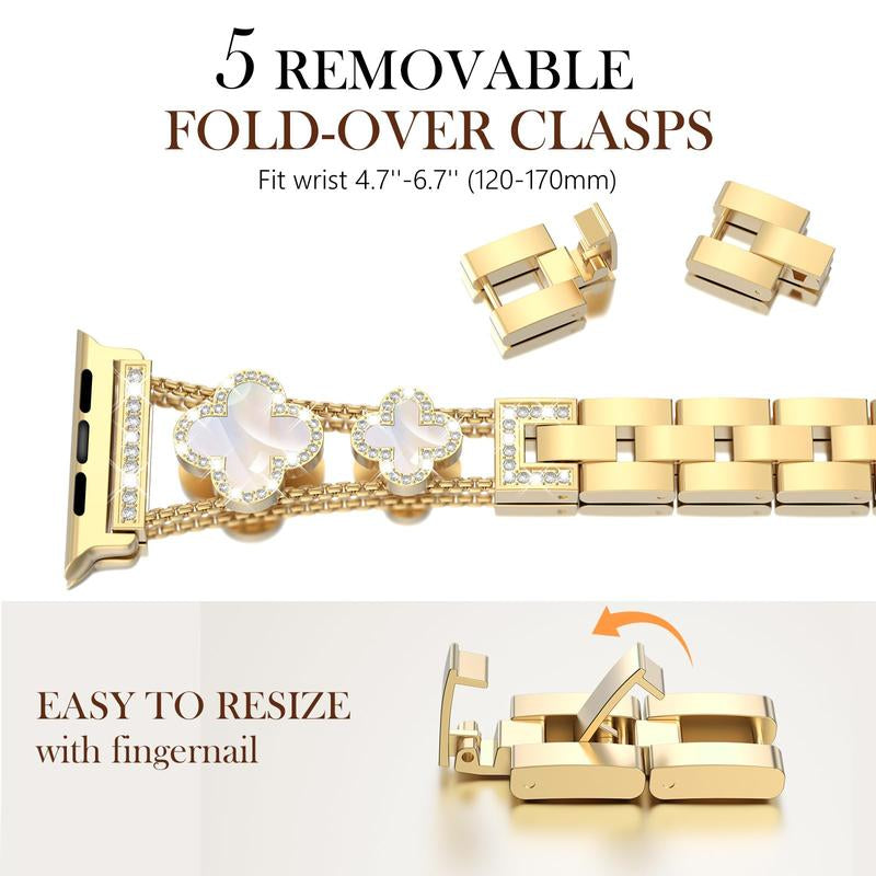 BUREI ZY White Shell Clover Slim Metal Bracelet for Apple Watch - Business & Dressy Strap Compatible Ultra 2/Ultra/Series 9-1/SE/SE2 (38-49Mm) Women & Men (Watch Not Included)