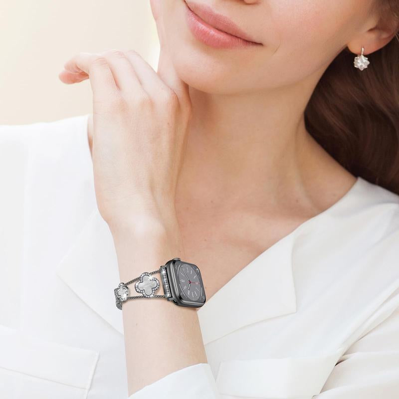 BUREI ZY White Shell Clover Slim Metal Bracelet for Apple Watch - Business & Dressy Strap Compatible Ultra 2/Ultra/Series 9-1/SE/SE2 (38-49Mm) Women & Men (Watch Not Included)