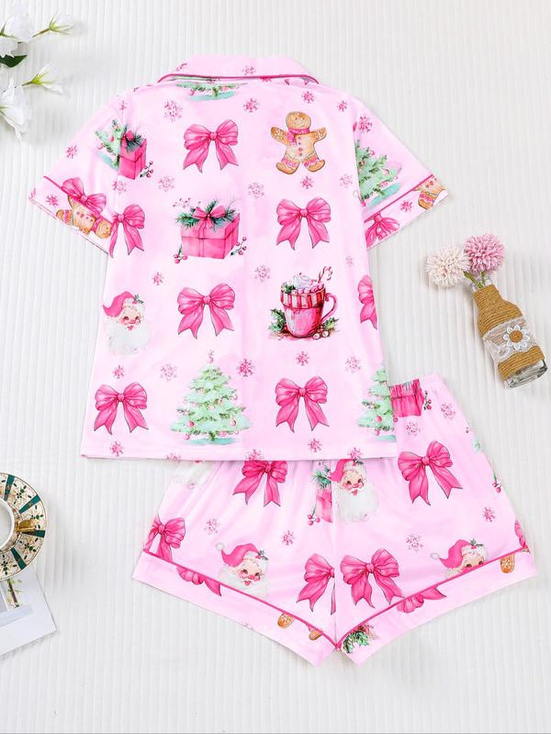 【Christmas】Women'S Christmas Pajama Set, Santa Cookie Print, Short Sleeve Button-Up Top & Elastic Shorts, Casual All-Season Sleepwear,Christmas Pyjamas
