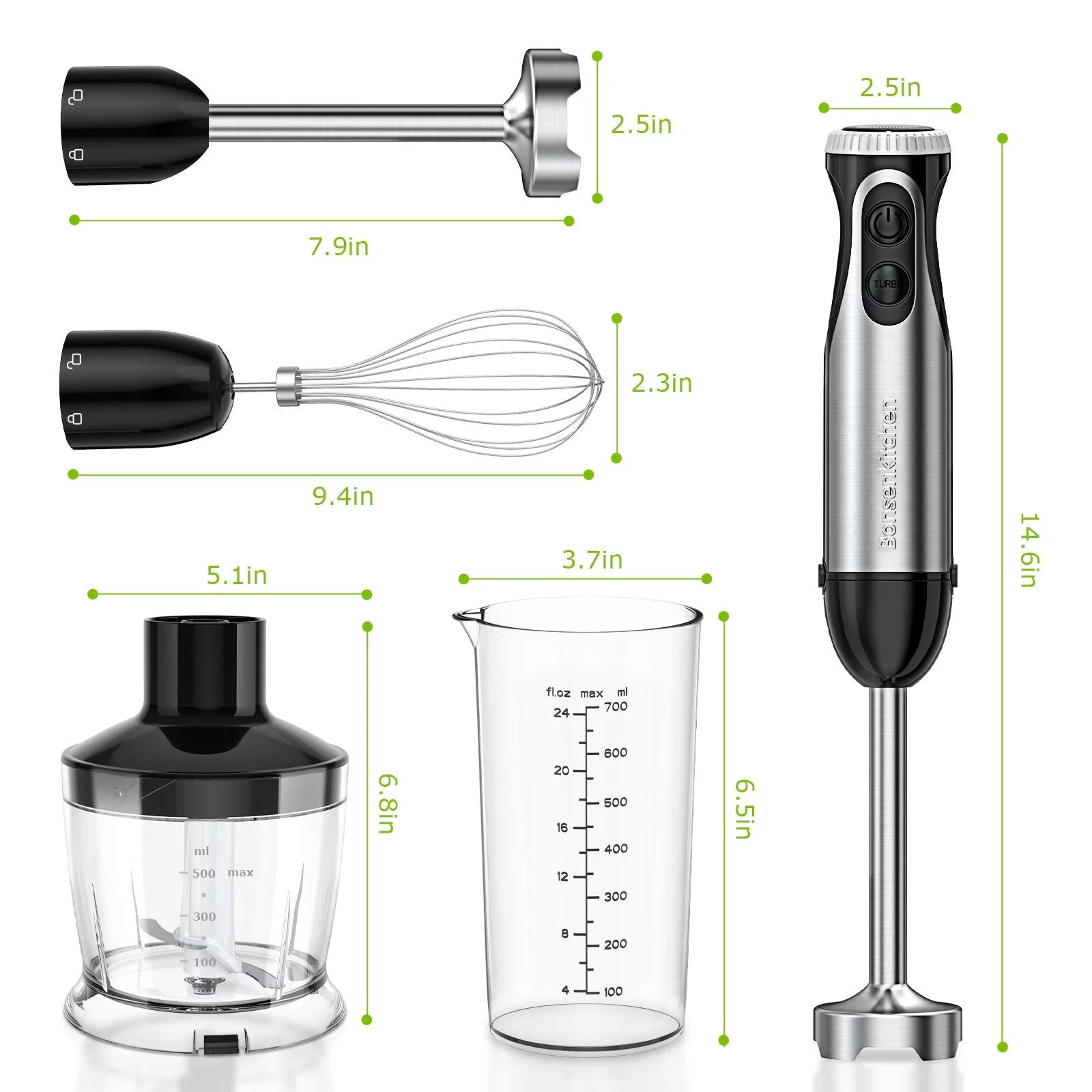 Immersion Hand Blender, Stainless Steel, 20-Speed, Handheld Mixer for Soup, Smoothies, Purees, Emulsifies