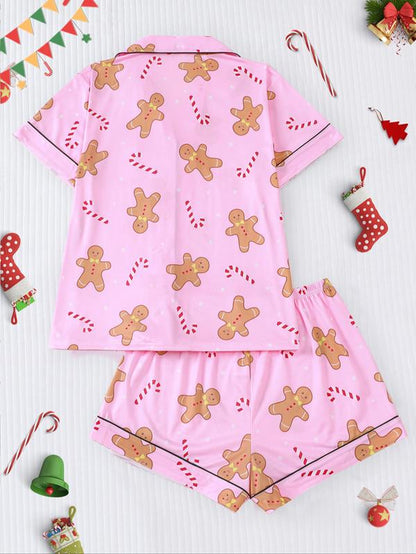 【Christmas】Women'S Christmas Pajama Set, Santa Cookie Print, Short Sleeve Button-Up Top & Elastic Shorts, Casual All-Season Sleepwear，Christmas Pyjamas