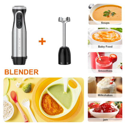 Immersion Hand Blender, Stainless Steel, 20-Speed, Handheld Mixer for Soup, Smoothies, Purees, Emulsifies