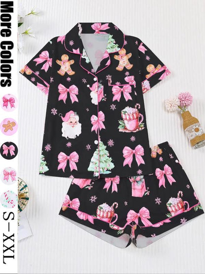 【Christmas】Women'S Christmas Pajama Set, Santa Cookie Print, Short Sleeve Button-Up Top & Elastic Shorts, Casual All-Season Sleepwear，Christmas Pyjamas