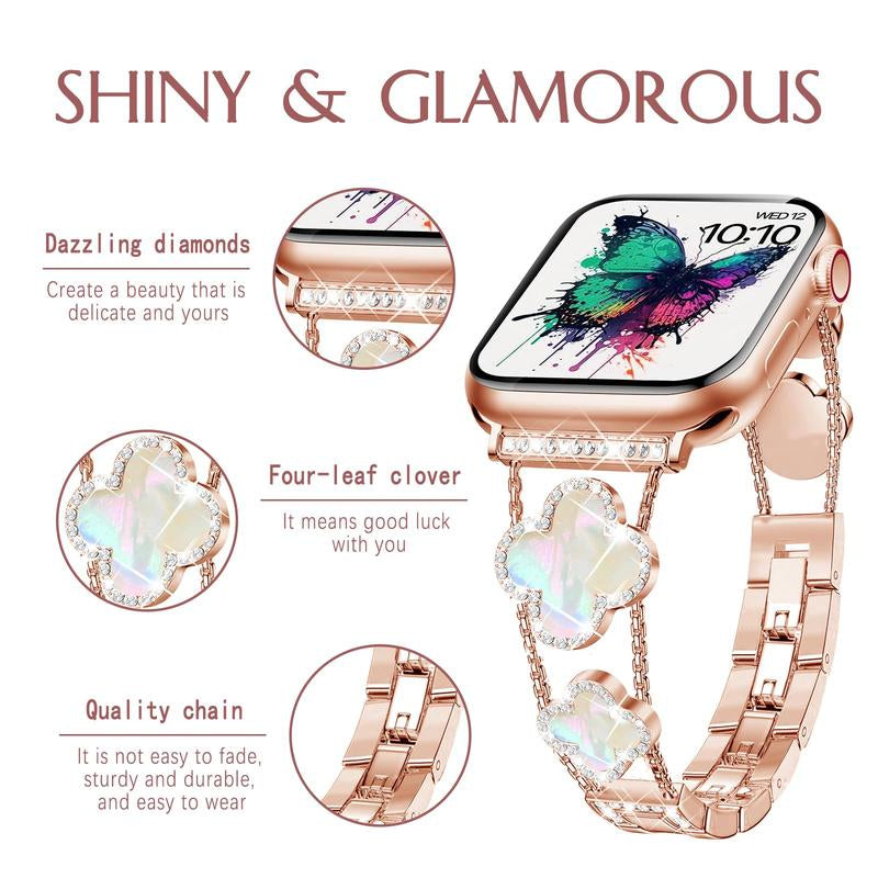 BUREI ZY White Shell Clover Slim Metal Bracelet for Apple Watch - Business & Dressy Strap Compatible Ultra 2/Ultra/Series 9-1/SE/SE2 (38-49Mm) Women & Men (Watch Not Included)