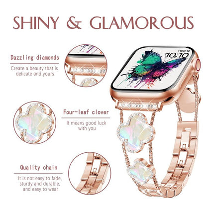 BUREI ZY White Shell Clover Slim Metal Bracelet for Apple Watch - Business & Dressy Strap Compatible Ultra 2/Ultra/Series 9-1/SE/SE2 (38-49Mm) Women & Men (Watch Not Included)