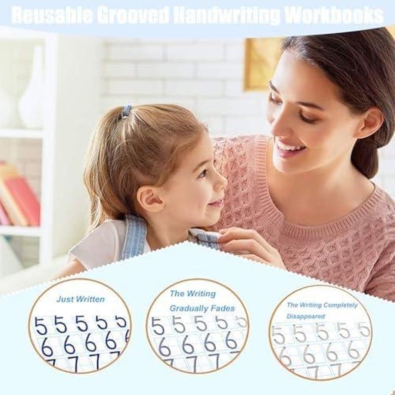 Reusable Grooved Handwriting Workbook for Kids, Learning Materials, 4 Books–Early Elementary, Covers Math, Words, Drawing –Gift for Children