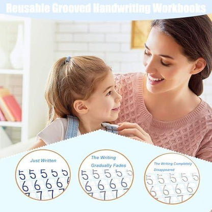 Reusable Grooved Handwriting Workbook for Kids, Learning Materials, 4 Books–Early Elementary, Covers Math, Words, Drawing –Gift for Children