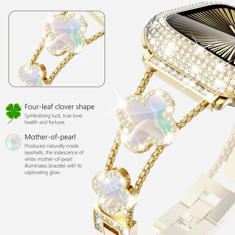BUREI ZY White Shell Clover Slim Metal Bracelet for Apple Watch - Business & Dressy Strap Compatible Ultra 2/Ultra/Series 9-1/SE/SE2 (38-49Mm) Women & Men (Watch Not Included)