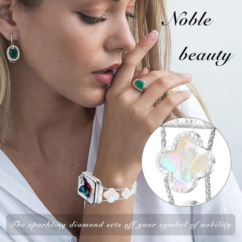 BUREI ZY White Shell Clover Slim Metal Bracelet for Apple Watch - Business & Dressy Strap Compatible Ultra 2/Ultra/Series 9-1/SE/SE2 (38-49Mm) Women & Men (Watch Not Included)