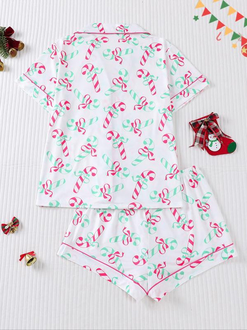 【Christmas】Women'S Christmas Pajama Set, Santa Cookie Print, Short Sleeve Button-Up Top & Elastic Shorts, Casual All-Season Sleepwear，Christmas Pyjamas