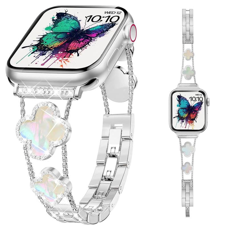 BUREI ZY White Shell Clover Slim Metal Bracelet for Apple Watch - Business & Dressy Strap Compatible Ultra 2/Ultra/Series 9-1/SE/SE2 (38-49Mm) Women & Men (Watch Not Included)