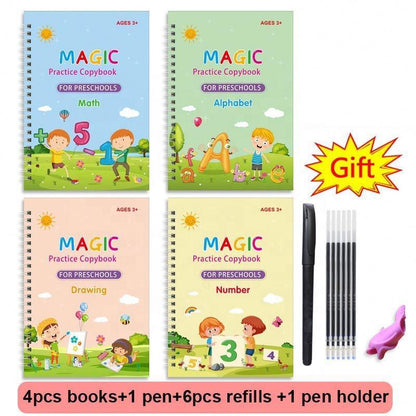 Reusable Grooved Handwriting Workbook for Kids, Learning Materials, 4 Books–Early Elementary, Covers Math, Words, Drawing –Gift for Children