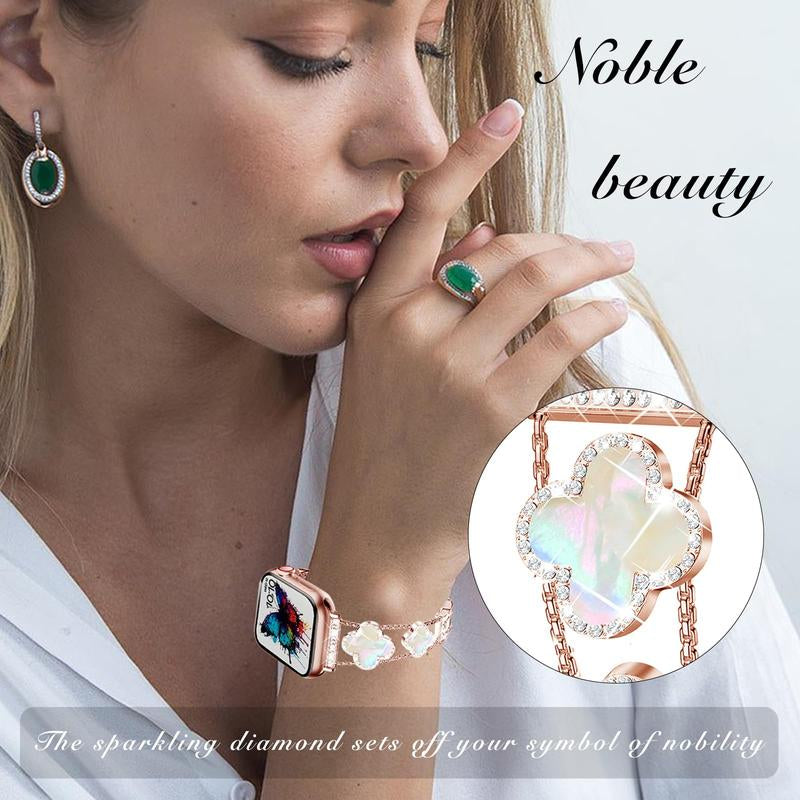 BUREI ZY White Shell Clover Slim Metal Bracelet for Apple Watch - Business & Dressy Strap Compatible Ultra 2/Ultra/Series 9-1/SE/SE2 (38-49Mm) Women & Men (Watch Not Included)