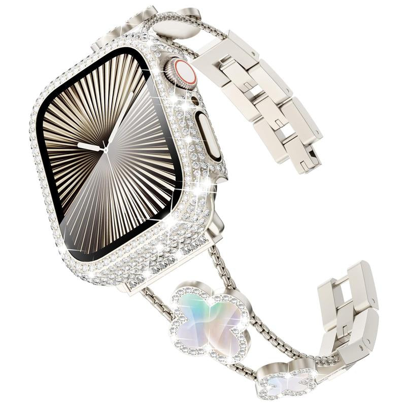 BUREI ZY White Shell Clover Slim Metal Bracelet for Apple Watch - Business & Dressy Strap Compatible Ultra 2/Ultra/Series 9-1/SE/SE2 (38-49Mm) Women & Men (Watch Not Included)