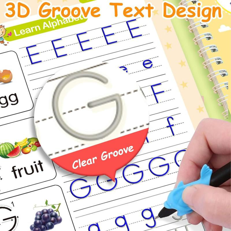 Reusable Grooved Handwriting Workbook for Kids, Learning Materials, 4 Books–Early Elementary, Covers Math, Words, Drawing –Gift for Children