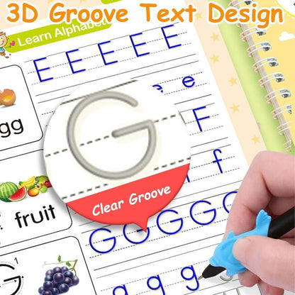 Reusable Grooved Handwriting Workbook for Kids, Learning Materials, 4 Books–Early Elementary, Covers Math, Words, Drawing –Gift for Children