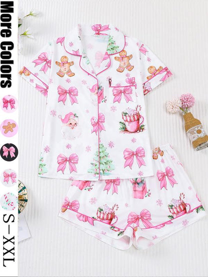 【Christmas】Women'S Christmas Pajama Set, Santa Cookie Print, Short Sleeve Button-Up Top & Elastic Shorts, Casual All-Season Sleepwear，Christmas Pyjamas