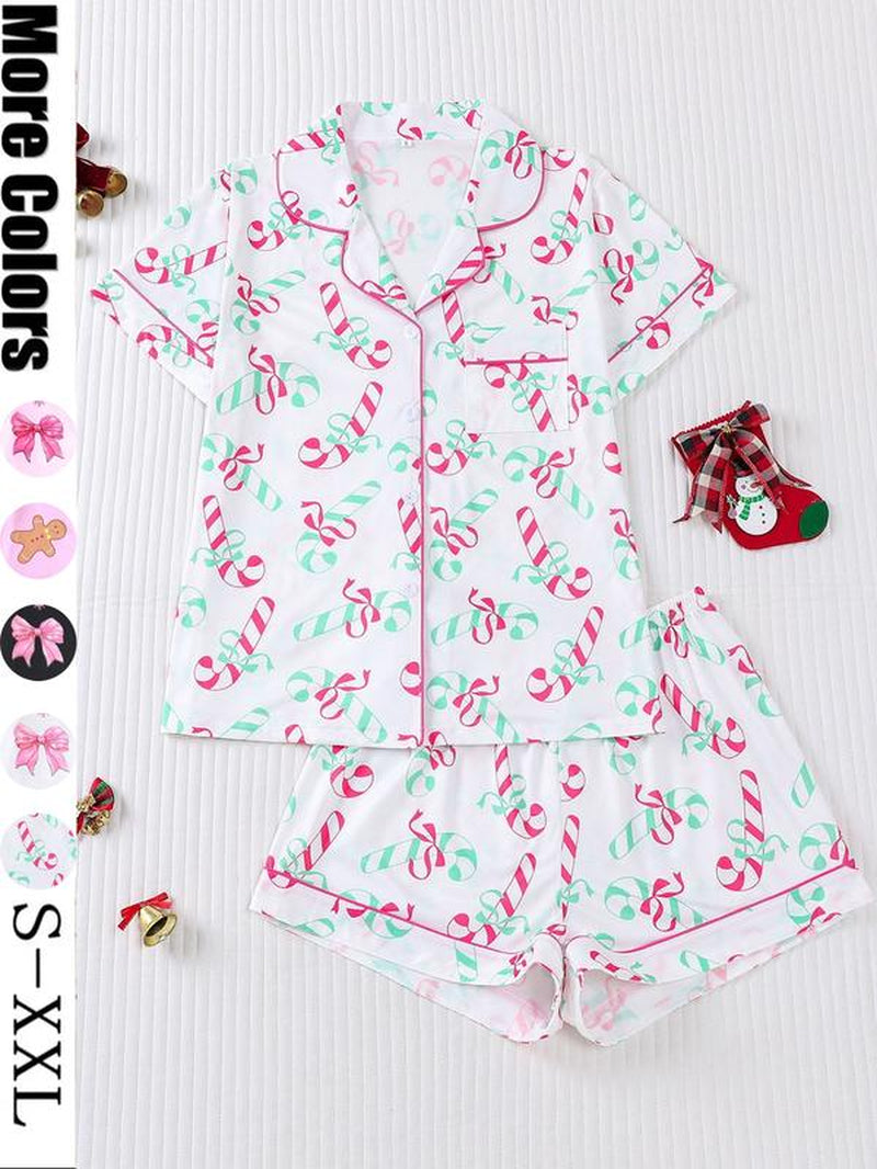 【Christmas】Women'S Christmas Pajama Set, Santa Cookie Print, Short Sleeve Button-Up Top & Elastic Shorts, Casual All-Season Sleepwear，Christmas Pyjamas