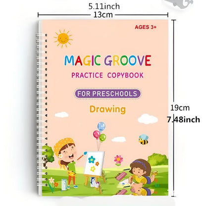 Reusable Grooved Handwriting Workbook for Kids, Learning Materials, 4 Books–Early Elementary, Covers Math, Words, Drawing –Gift for Children
