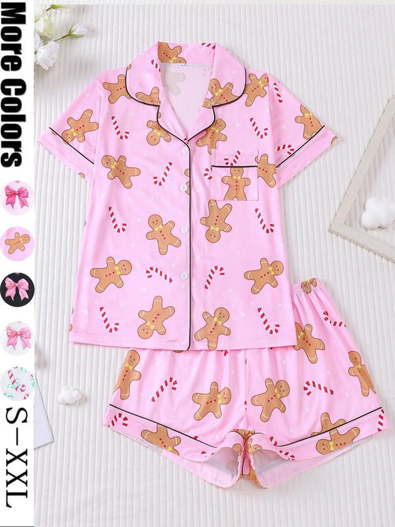 【Christmas】Women'S Christmas Pajama Set, Santa Cookie Print, Short Sleeve Button-Up Top & Elastic Shorts, Casual All-Season Sleepwear，Christmas Pyjamas