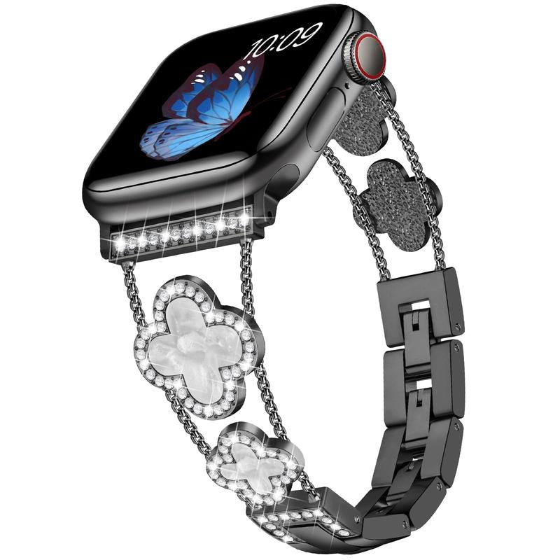 BUREI ZY White Shell Clover Slim Metal Bracelet for Apple Watch - Business & Dressy Strap Compatible Ultra 2/Ultra/Series 9-1/SE/SE2 (38-49Mm) Women & Men (Watch Not Included)
