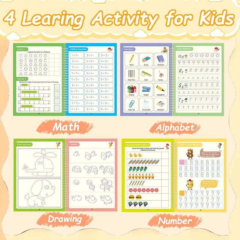 Reusable Grooved Handwriting Workbook for Kids, Learning Materials, 4 Books–Early Elementary, Covers Math, Words, Drawing –Gift for Children